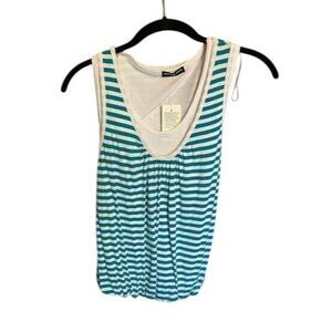 Cha Cha Vente Women's Petite Large Striped Sleeveless Top With Gathered Hem NWT